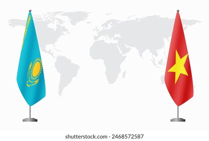 Kazakhstan and Vietnam flags for official meeting against background of world map.