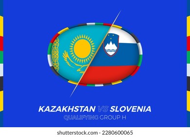 Kazakhstan vs Slovenia icon for European football tournament qualification, group H. Competition icon on the stylized background.