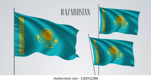 Kazakhstan waving flag set of vector illustration. Yellow blue colors and bird of Kazakhstan wavy realistic flag as a patriotic symbol 