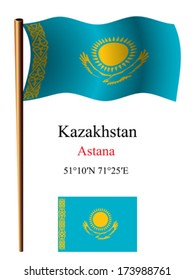 kazakhstan wavy flag and coordinates against white background, vector art illustration, image contains transparency