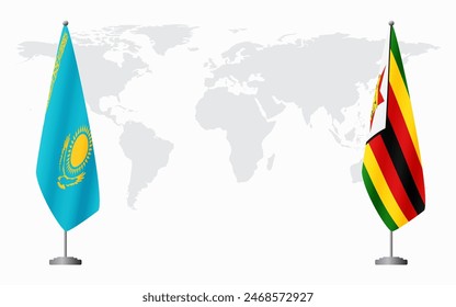 Kazakhstan and Zimbabwe flags for official meeting against background of world map.