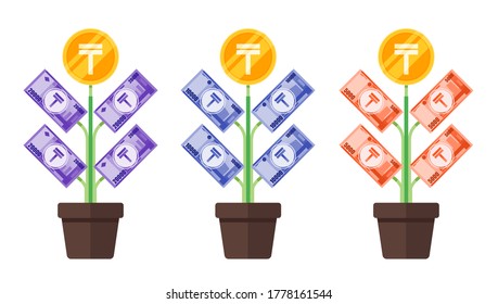 Kazakhstani Tenge 20k, 10k and 5k Money Tree Plant Grow Vector Icon Logo Illustration Design. Kazakhstan Currency, Economy, Finance, and Business Element. Can be Used for Digital & Print Infographic.