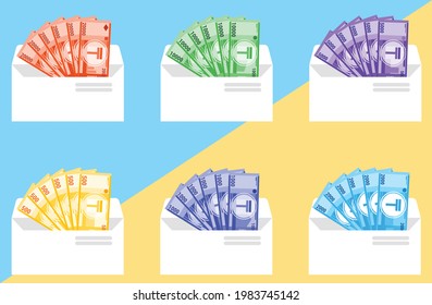 Tenge kazajo (KZT) Todos los billetes dinero en el icono del vector del sobre.  Elemento de transacciones, pagos y finanzas de Kazajstán. Se puede usar para la Infografía de Impresión Digital.