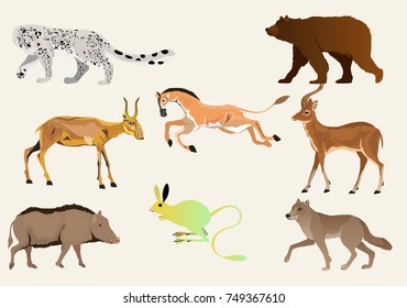 Kazakhstan's animals vector set, bear, wolf, antelopes.