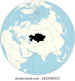 Kazakhstan's map prominently displayed in the orthographic projection of the world map, has vast steppes and modern cities in Central Asia.