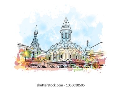 Kazan Cathedral, Moscow, Russia. Watercolor splash with hand drawn sketch illustration in vector.