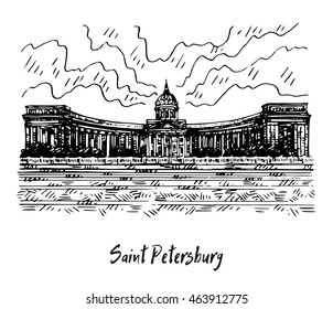 Kazan Cathedral or Cathedral of Our Lady of Kazan on the Nevskiy prospect in Saint Petersburg, Russia. Sketch by hand. Vector illustration.