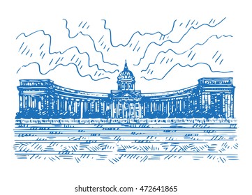 Kazan Cathedral or Cathedral of Our Lady of Kazan on the Nevskiy prospect in Saint Petersburg, Russia. Sketch by hand. Vector illustration.