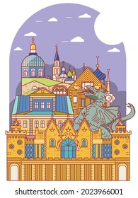 Kazan city vector landmarks. Postcard with lKazan city sights. Illustration includes temple of all religions, zilant dragon, puppet theater and other. 