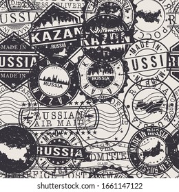 Kazan, Republic of Tatarstan, Russia Stamps Background. A City Stamp Vector Art. Set of Postal Passport Travel. Design Set Pattern.