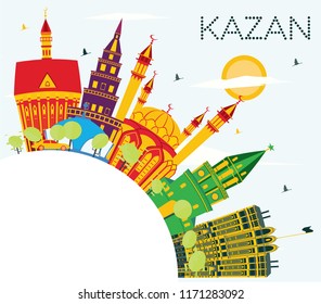 Kazan Russia City Skyline with Color Buildings, Blue Sky and Copy Space. Vector Illustration. Business Travel and Tourism Concept with Historic Architecture. Kazan Cityscape with Landmarks.