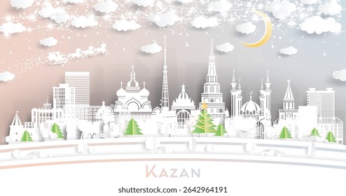 Kazan. Russia. Winter city skyline in paper cut style with snowflakes, moon and neon garland. Christmas and new year. Santa Claus on sleigh. Kazan cityscape with landmarks. Vector illustration.