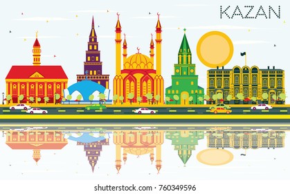 Kazan Skyline with Color Buildings, Blue Sky and Reflections. Vector Illustration. Business Travel and Tourism Concept with Historic Architecture. Image for Presentation Banner Placard and Web Site.