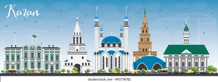 Kazan Skyline with Gray Buildings and Blue Sky. Vector Illustration. Business Travel and Tourism Concept with Historic Architecture. Image for Presentation Banner Placard and Web Site.