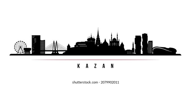 Kazan skyline horizontal banner. Black and white silhouette of Kazan, Russia. Vector template for your design. 