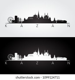 Kazan skyline and landmarks silhouette, black and white design, vector illustration.