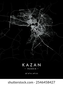 Kazan vector map in dark theme. Detailed map of Kazan in Russia. Best free vector illustration. Tourist decorative street map.