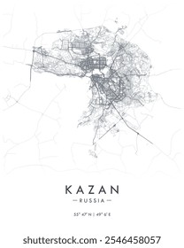 Kazan vector map. Detailed map of Kazan in Russia. Best free vector illustration. Tourist decorative street map.