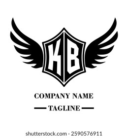 KB bold shield logo with wings, customizable with letters A to Z. Perfect for brands seeking a powerful symbol of strength, freedom, and ambition
