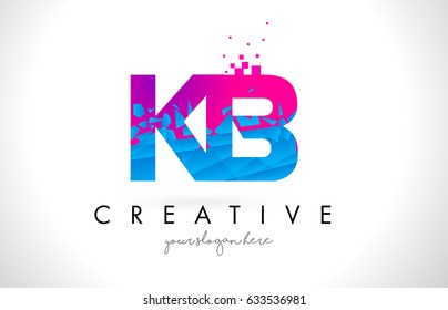 KB K B Letter Logo with Broken Shattered Blue Pink Triangles Texture Design Vector Illustration.
