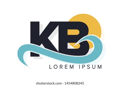 KB letter logo with ocean waves and sunset. Beach concept design