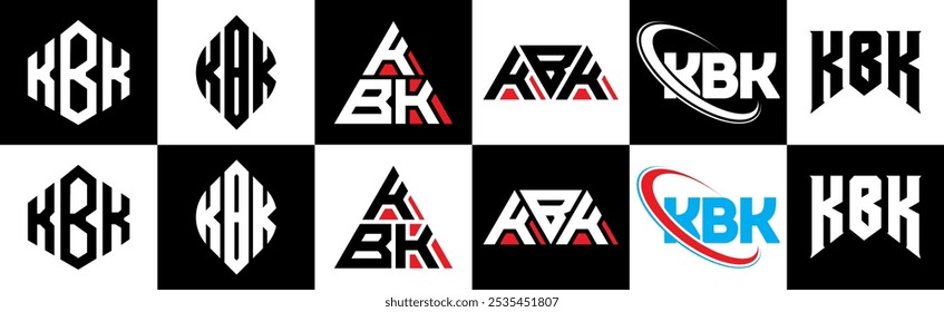 KBK letter logo design in six style. KBK polygon, circle, triangle, hexagon, flat and simple style with black and white color variation letter logo set in one artboard. KBK minimalist and classic logo