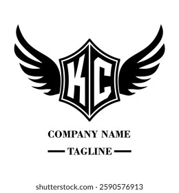 KC bold shield logo with wings, customizable with letters A to Z. Perfect for brands seeking a powerful symbol of strength, freedom, and ambition