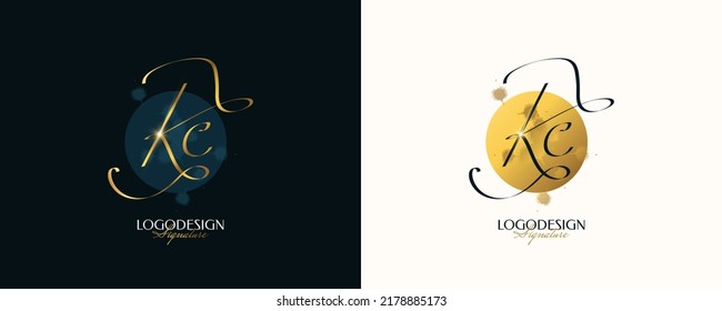KC Initial Signature Logo Design with Elegant and Minimalist Gold Handwriting Style. Initial K and C Logo Design for Wedding, Fashion, Jewelry, Boutique and Business Brand Identity