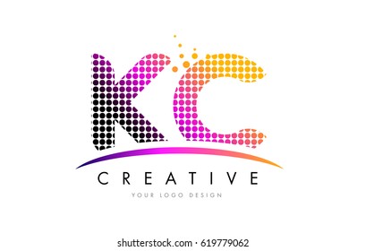 KC K C Dots Letter Logo Design with Magenta Bubble Circles and Swoosh