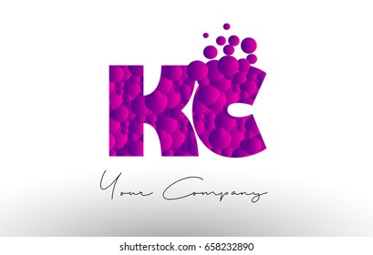KC K C Dots Letter Logo with Purple Pink Magenta Bubbles Texture Vector.