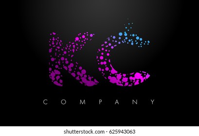 KC K C Letter Logo with Purple Blue Particles and Bubble Dots Design Vector.