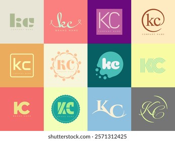 KC logo company template. Letter k and c logotype. Set different classic serif lettering and modern bold text with design elements. Initial font typography. Collection trendy business identity.