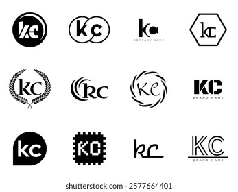 KC logo company template. Letter k and c logotype. Set different classic serif lettering and modern bold text with design elements. Initial font typography. Collection trendy business identity.