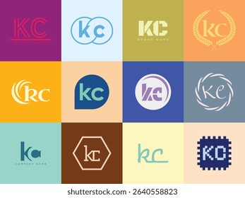 KC logo company template. Letter k and c logotype. Set different classic serif lettering and modern bold text with design elements. Initial font typography. Collection trendy business identity.