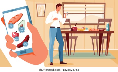 Kcal calculation flat composition with domestic scenery food on table and man with smartphone fit app vector illustration