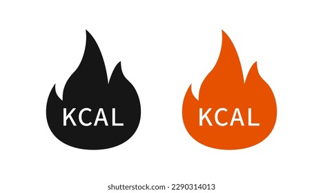 Kcal in the fire icon. Calorie burn symbol. Fitness signs. Diet symbols. Weight icons. Black, orange color. Vector isolated sign.