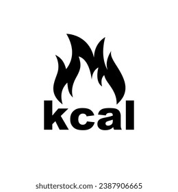 Kcal fire icon. Kilocalories sign. Calorie burn symbol. Diet black symbol. kcal icon, fat burning. Emblem for food products. Vector illustration flat design. Isolated on white background.