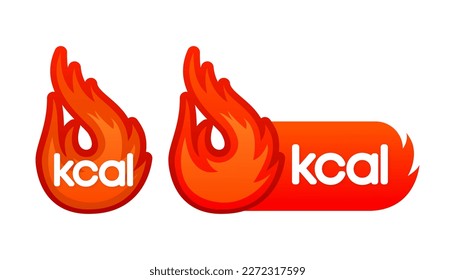 Kcal fire icon and label. Energy fat burn. Kilocalorie hot logo. Vector illustration. svg