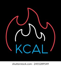 Kcal fire vector on black background icon. Calorie burn, fat burning sign. Graph symbol for fitness and weight loss web site and apps design, logo, app, UI