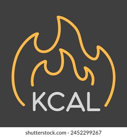 Kcal fire vector on dark background icon. Calorie burn, fat burning sign. Graph symbol for fitness and weight loss web site and apps design, logo, app, UI