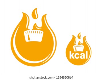 kcal flat icon (calories sign) combination of flame (fat burning) and weight scales - isolated vector emblem for healthy food, fitness or diet program packaging svg