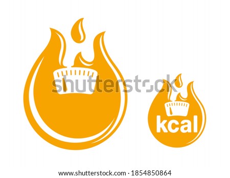 kcal flat icon (calories sign) combination of flame (fat burning) and weight scales - isolated vector emblem for healthy food, fitness or diet program packaging
