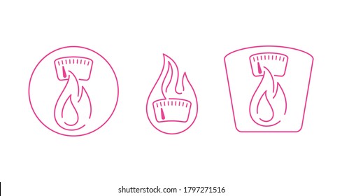 kcal icon (calories sign) combination of flame (fat burning) and weight scales - thin line emblem in 3 variations for healthy food, fitness or diet program packaging svg