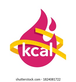 kcal icon with fire and measuring tape - kilocalorie symbolic emblem for food products cover designation - fat burning visual - isolated vector element