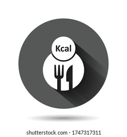 Kcal icon in flat style. Diet vector illustration on black round background with long shadow effect. Calories circle button business concept.