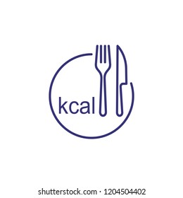 Kcal line icon. Fork, knife and plate drawing with kcal inscription. Diet concept. Vector illustration can be used for topics like healthy cooking, diet, lifestyle