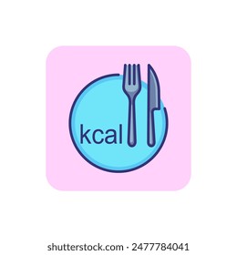 Kcal line icon. Fork, knife and plate drawing with kcal inscription. Diet concept. Vector illustration can be used for topics like healthy cooking, diet, lifestyle