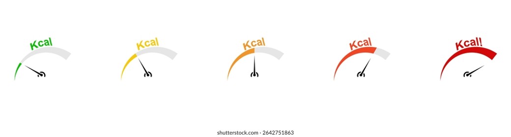 Kcal meter icon set. Kilocalories tracker. Kilocalorie consumption indicator. Weight loss or gain scale. Vector illustration