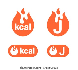 signo kcal e icono de joule - emblema de la unidad de anargia kilocalorie para la designación de la cubierta de los productos alimenticios - visualización de la quema de grasas - elemento vector aislado