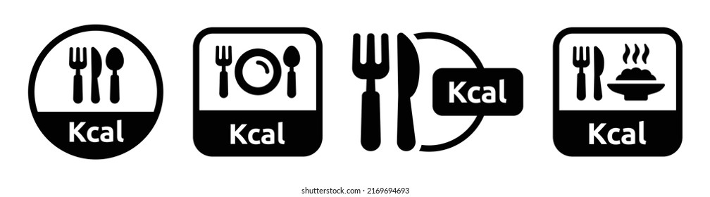 Kcal vector icon set. Kilocalorie sign with food, fork and knife symbol illustration.